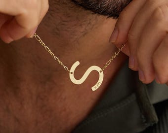 Custom Sideways Initial Letter Name Necklace, Personalized Engraved Necklace, Pendant Necklace, Couple Necklace, Anniversary Gifts for Her