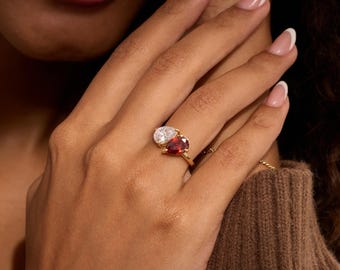 Custom Pear Toi Et Moi Ring, Personalized Birthstone Rings, Vintage 14K Gold Ring, Couple Ring, Anniversary Gift, Birthday Gifts for Her