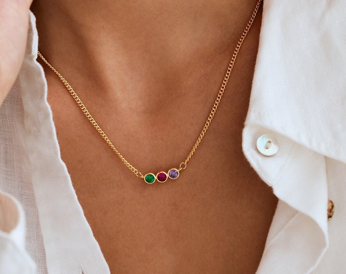 Custom Birthstone Necklace with Curb Chain, Multiple Birthstone Necklace, Curb Chain Necklace, Birthday Gift for Her, Gift for Women