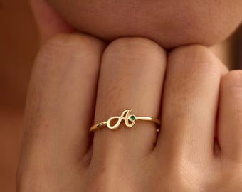 Custom Initial Ring with Birthstone, Gold Bubble Letter Ring, Birthstone Ring, Dainty Name Ring, Birthday Gift, Christmas Gift for Her