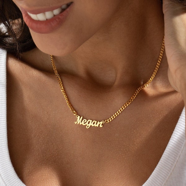 Personalised 18K Gold Name Necklace with Curb Chain, Custom Gothic Name Necklace, Birthday Gift for her, Christmas Gift for Her, for Mom
