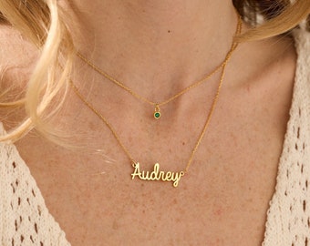 Layered Name Necklace with Birthstone, Custom Name Necklace, Birthstone Jewellery, 18K Gold Plated Name Necklace, Christmas Gift for Her