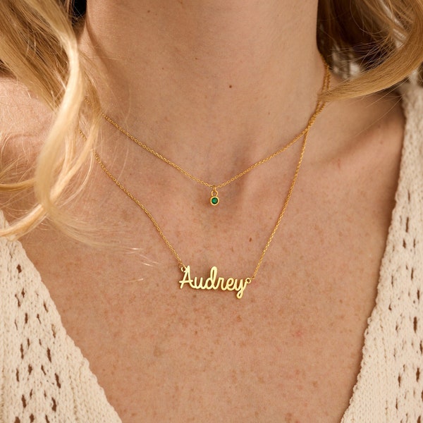 Layered Name Necklace with Birthstone, Custom Name Necklace, Birthstone Jewellery, 18K Gold Plated Name Necklace, Christmas Gift for Her