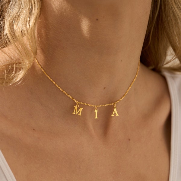 Dangle Letter Necklace, Initial Choker, Personalized Name Necklace, Custom Gold Name Jewelry, Letter Name Necklace, Gift for Her, birthday