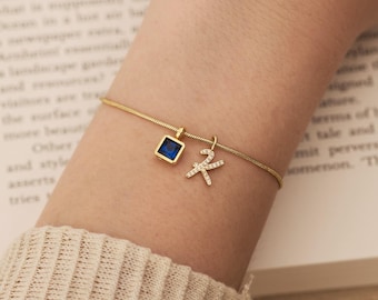 Custom Pave Diamond Initial with Birthstones Bracelet, Dainty Personalized Bracelet, Letter Bracelet, Birthday Gift for Her, Christmas Gifts