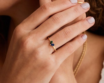 Custom Heart Birthstone Ring, 2 Birthstone Ring, Mothers Jewelry, Personalized Birthday Gift for Her, Minimal Stackable Ring, Gift for Mom