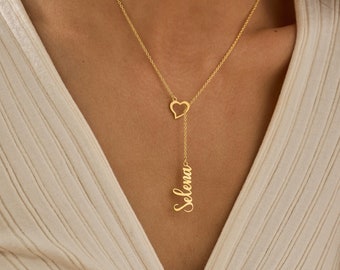 Custom Heart & Name Lariat Necklace, Gold Y Necklace, Lariat Name Drop Necklace, Open Heart Name Necklace, Y Necklace, Valentines Day Gift