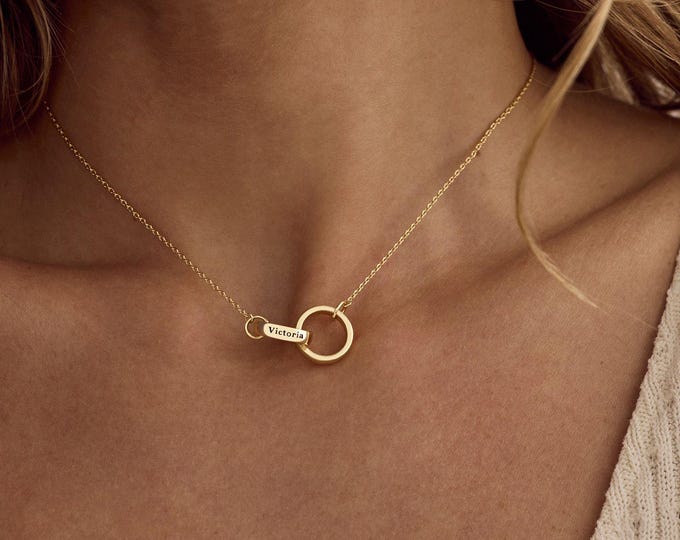 Custom Interlocking Circle Necklace, Personalized Engraved Name Necklace, 2 Ring Name Necklace, Bestfriend Gift, Gift for Her, Gift for Mom
