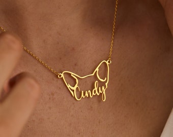 Dog Ear Name Necklace, Personalized Pet Name Necklace, Custom Gold Name Necklace with Pet Ear, Dog Anniversary Gift, Valentines Day Gift