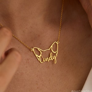Dog Ear Name Necklace, Personalised Pet Name Necklace, Custom Gold Name Necklace with Pet Ear, Dog Anniversary Gift, Valentines Day Gift