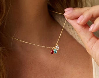 Custom Oval Birthstones Pendent Necklace, Family Gemstones Necklace, Personalized Birthday Gift for Her, Anniversary Gift, Drop Necklace