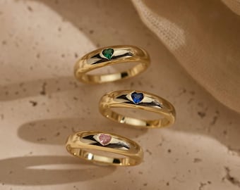 Custom Heart Birthstone Chunky Ring, Minimalist Birthstone Dome Ring, 18K Gold Plated Heart Ring, Graduation Gift, Personalized Memory Gift