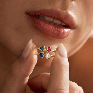 Custom Hearts Birthstone Ring, Double Birthstones Open Ring, Minimal Women Adjustable Band, Personalised Birthday Gift for Her, Gift for Mom