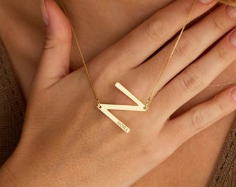 Custom Sideways Initial Letter Name Necklace, Personalized Engraved Necklace, 18K Gold Letter Pendant Necklace, Birthday Gift, Gifts for Her