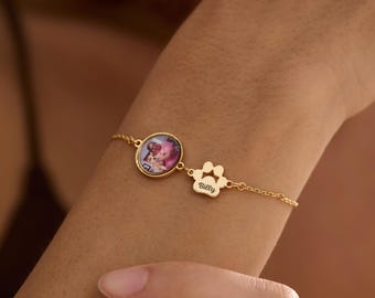 Custom Pet Portrait Bracelet, Memorial Jewelry, Pet Name Bracelet, Engraved Bracelet, Dog & Cat Paw Print Bracelet, Birthday Gift for Her