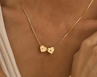 Twee harten ketting, aangepaste gegraveerde eerste ketting met box ketting, 18K gouden hart ketting, moeders ketting met kindernaam, cadeau voor moeder