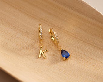 Custom Bubble Letter Earrings with Birthstone, Birthstone Drop Earrings, Gold Initial Earring, Personalized Gift for Her, Christmas Gifts
