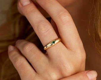 Custom Heart Birthstone Chunky Ring, Minimalist Birthstone Dome Ring, 18K Gold Plated Heart Ring, Graduation Gift, Personalized Memory Gift