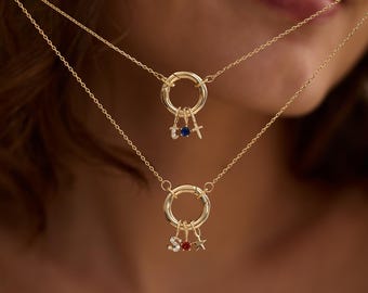 Custom Cable Circle Charm Necklace, Build Your Own Necklace, Carabiner Necklace Holder, Birthstone Initial Necklace, Birthday Gift for Her