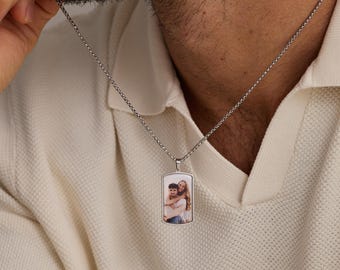 Personalized Picture Necklace for Men, Custom Photo Dog Tag Necklace, Engraved Necklace, Father's Day Gift, Men Memorial Gift, Gift for Dad