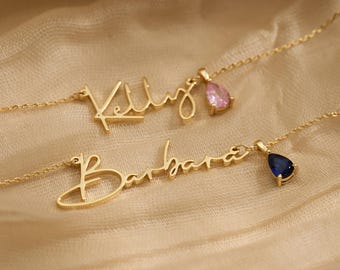 Custom Name Necklace with Birthstone, Minimalist Birthstone Necklace, 18K Gold Plated Name Necklace, Birthday Gift Mother's Day Gift for Her