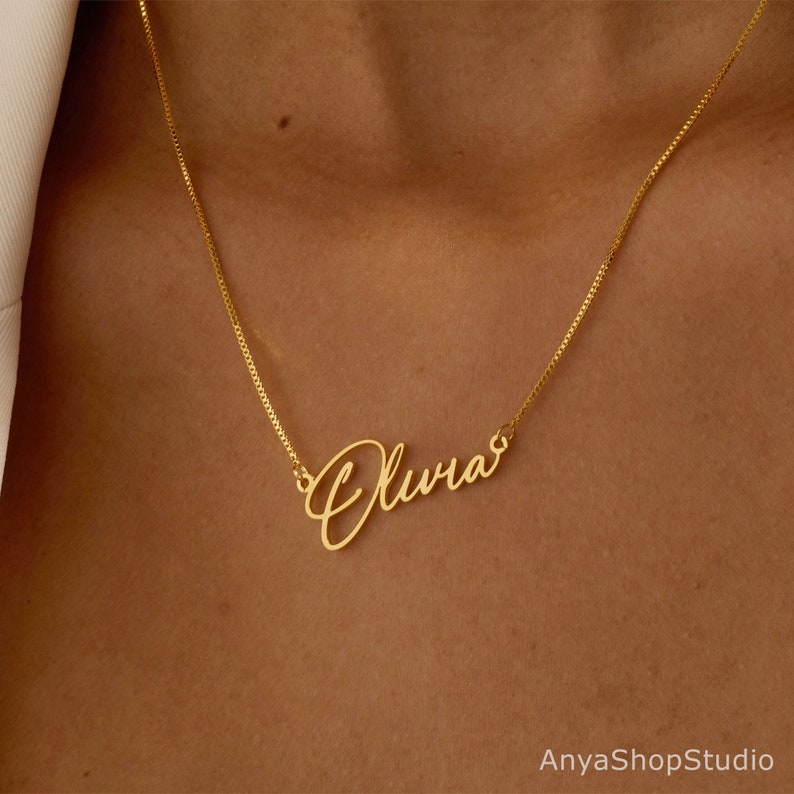 Signature Name Necklace, Personalized Gold Name Necklace with Box Chain, Custom Name Jewelry Handmade, Gift for Her, Valentine's Day Gift Bild 1