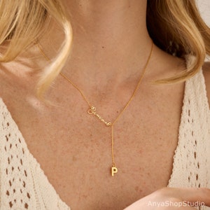 Collier de nom minimaliste avec initial, collier de nom personnalisé Y, collier de lettres drop, cadeau d’anniversaire, bijoux de Noël, cadeaux de Noël
