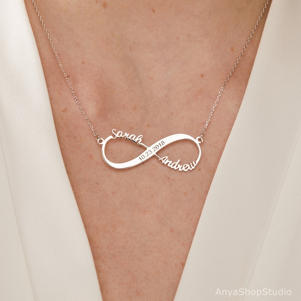 Collier personnalisé de nom d’infini, collier de date personnalisé, collier gravé, collier de nom de famille, cadeau d’anniversaire, cadeau de Noël 2023