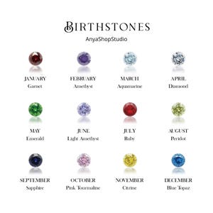 May include: A chart titled BIRTHSTONES by AnyaShopStudio displaying twelve round faceted gemstones arranged in three rows. Each stone is labeled with its corresponding month and name, including Garnet, Amethyst, Aquamarine, Diamond, Emerald, Light Amethyst, Ruby, Peridot, Sapphire, Pink Tourmaline, Citrine, and Blue Topaz.