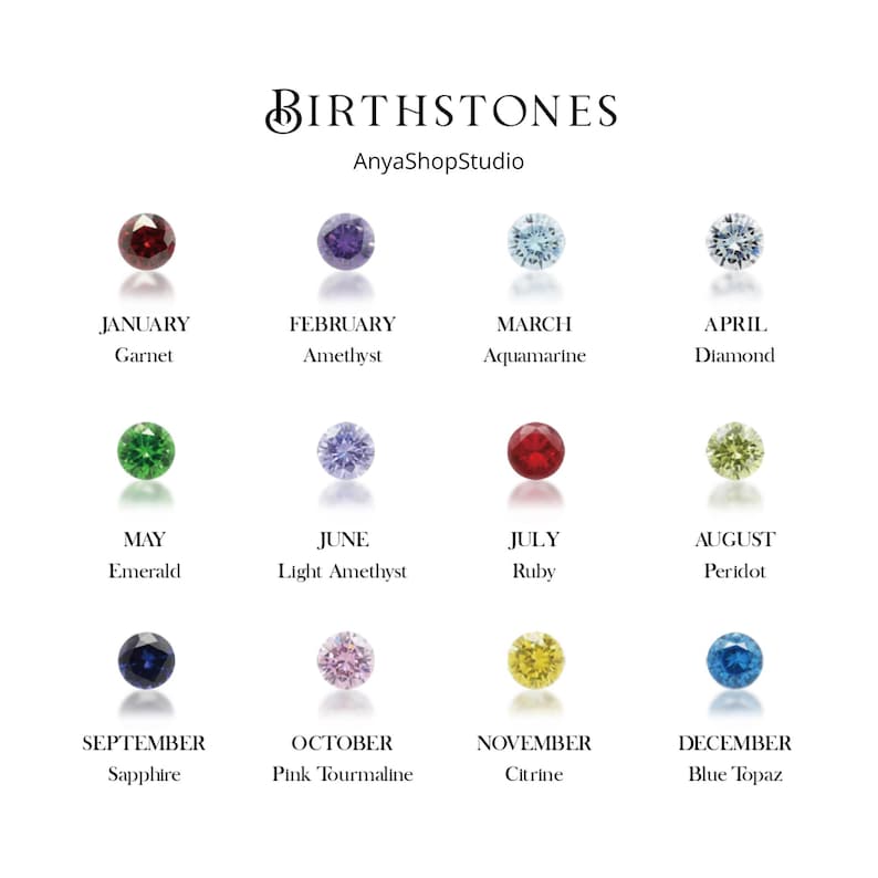 May include: A chart titled BIRTHSTONES by AnyaShopStudio displaying twelve round faceted gemstones arranged in three rows. Each stone is labeled with its corresponding month and name, including Garnet, Amethyst, Aquamarine, Diamond, Emerald, Light Amethyst, Ruby, Peridot, Sapphire, Pink Tourmaline, Citrine, and Blue Topaz.
