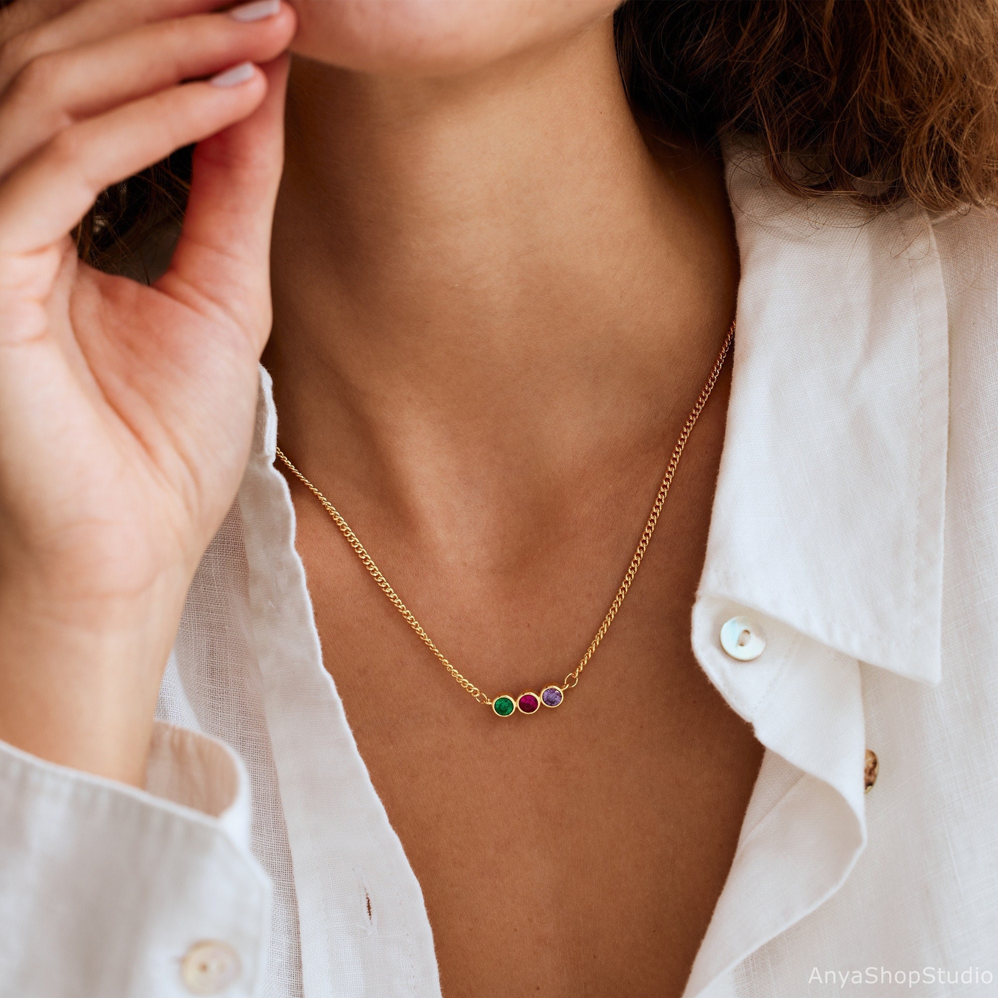 Custom Birthstone Necklace with Curb Chain, Multiple Birthstone Necklace, Curb Chain Necklace, Birthday Gift for Her, Gift for Women