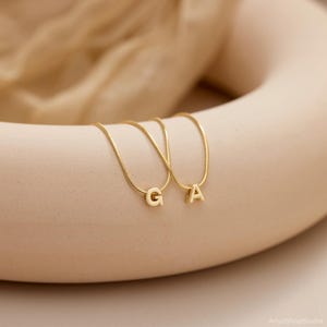 May include: Two gold-toned snake chain necklaces, each featuring a single capital letter pendant. One necklace displays the letter G and the other displays the letter A. The necklaces are draped over a smooth, curved, beige-colored object.