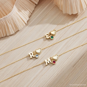 Custom Birthstone Initial Necklace, Heart Pendent Necklace, Initial Necklace for Kids, Personalized Gift, Birthday Gift for Kids, Gift for her image 2