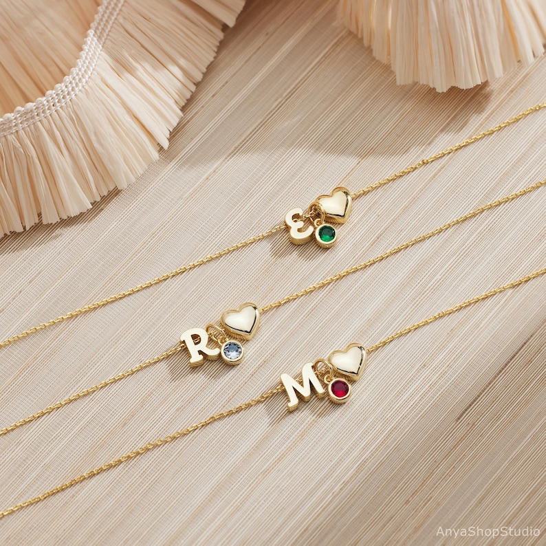 Custom Birthstone Initial Necklace, Heart Pendent Necklace, Initial Necklace for Kids, Personalized Gift, Birthday Gift for Kids, Gift for her image 2