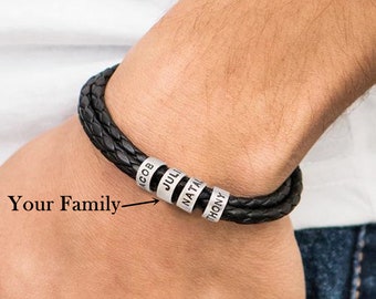 Personalized Mens Leather Bracelet, Custom Engraved Name Bracelet for Him, Sterling Silver Beads Bracelet, Fathers Day Gift from Daughter