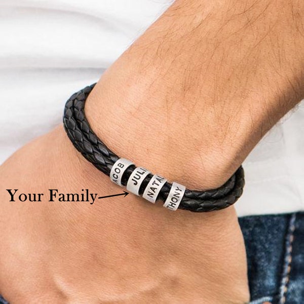 Personalized Mens Leather Bracelet, Custom Engraved Name Bracelet for Him, Sterling Silver Beads Bracelet, Christmas Gift from Daughter