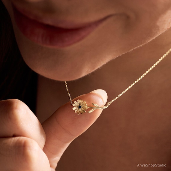 Dainty BirthFlower Necklace with Birthstone, Handmade Gold Jewellery, Birthday Gift for Her, Floral Jewellery, Everyday Necklace, Gift