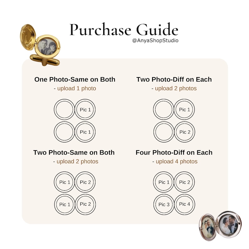 May include: A Purchase Guide infographic for custom photo cufflinks by @AnyaShopStudio. It displays four layout options for photo placement on cufflinks, showing how to arrange one, two, or four distinct images across the pair.