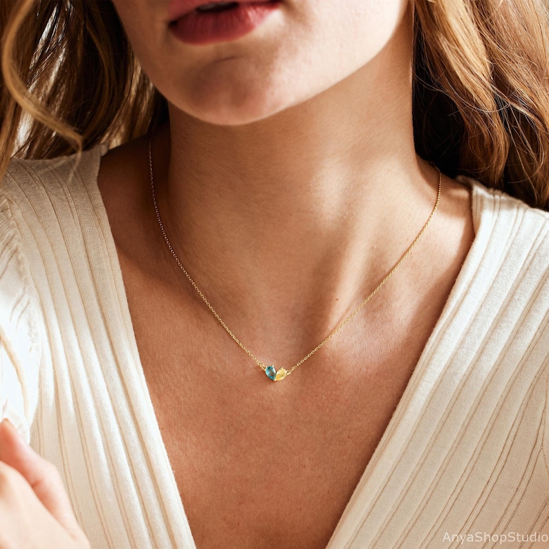Personalized Heart Birthstone Necklace, 2 Birthstone Necklace, Personalized Jewelry, Birthday Gift for Her, Anniversary Gift, Christmas Gift