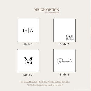 May include: A graphic display showing four square design options for customization. Style 1 features initials G|A. Style 2 shows C&B with date 27.10.26. Style 3 displays a large M with date 25.09.2026. Style 4 features the name Daniel in script.