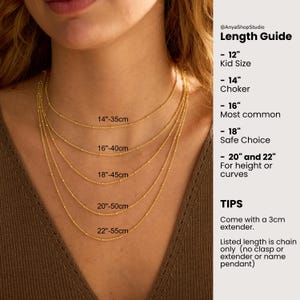 May include: Five gold satellite chains layered on a neck, labeled with lengths from 14 inches to 22 inches. The text guide lists lengths: 12 inch kid size, 14 inch choker, 16 inch most common, 18 inch safe choice, and 20 to 22 inch for height or curves.