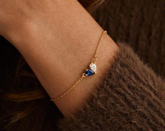 Custom Heart Birthstone Bracelet, 2 Birthstones Bracelet, Mother and Daughter Bracelet, Anniversry Gift, Mothers Gift, Mother's Day Gift