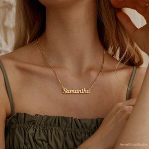 Collar personalizado con nombre chapado en oro de 18 quilates con cadena de caja, collar con nombre personalizado, joyería con nombre delicado, regalo de cumpleaños para ella, regalo de Navidad