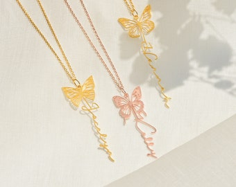 Dainty Birth Butterfly Name Necklace, Personalized Name Necklace, Custom Gold Name Jewelry, Birthday Gift for Her Mom Gift, Mothers Day Gift