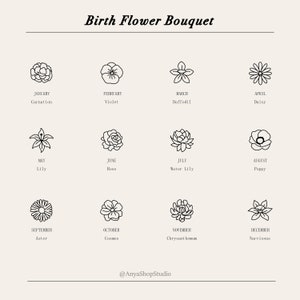 May include: A black and white graphic illustration of a bouquet of flowers representing the birth month flowers. Each flower is labeled with the month and the flower name. The text at the top of the image reads "Birth Flower Bouquet".