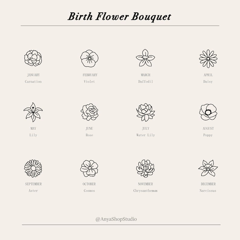 May include: A black and white graphic illustration of a bouquet of flowers representing the birth month flowers. Each flower is labeled with the month and the flower name. The text at the top of the image reads "Birth Flower Bouquet".