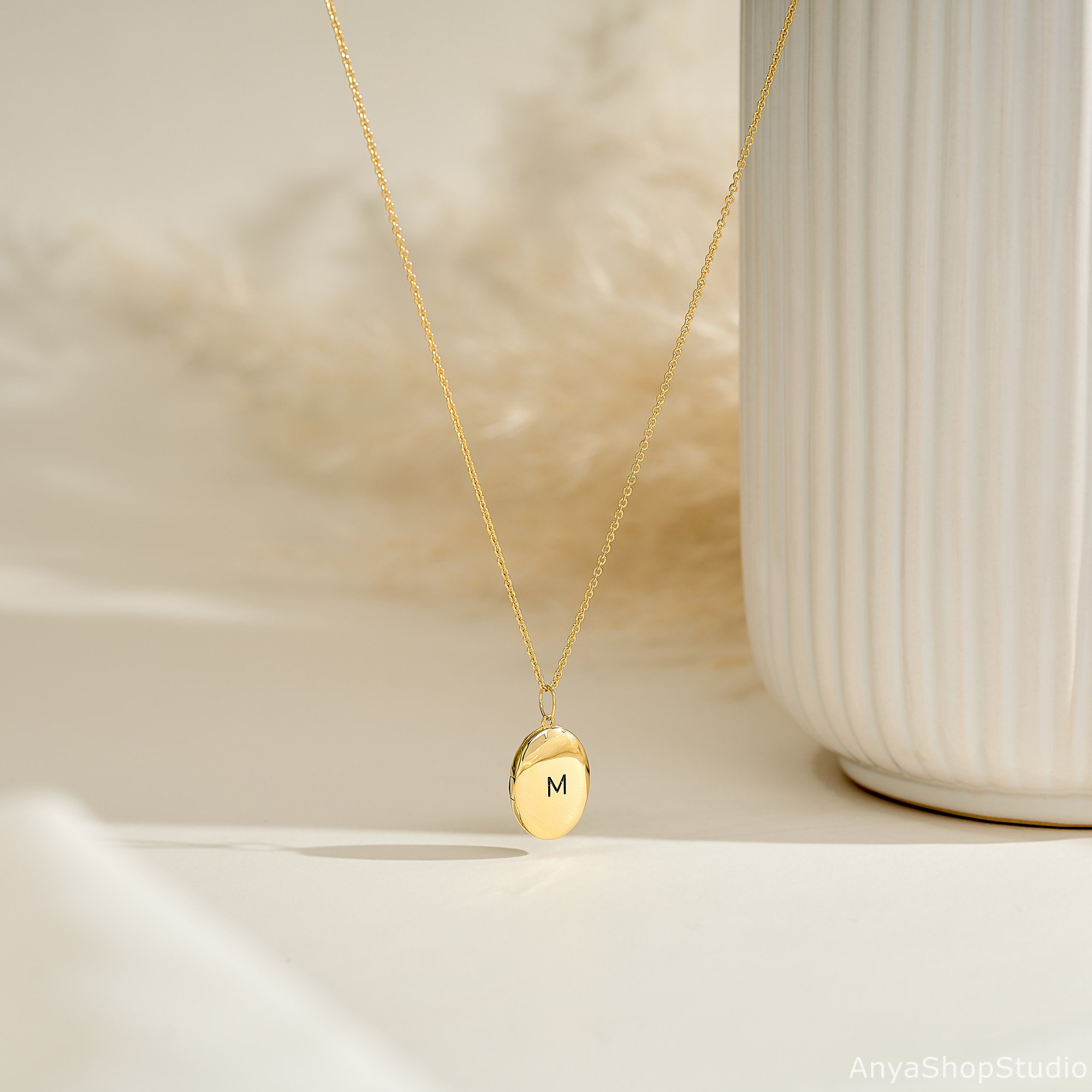 Dainty Necklace 10kt Yellow Gold Personalized Oval Locket Necklace