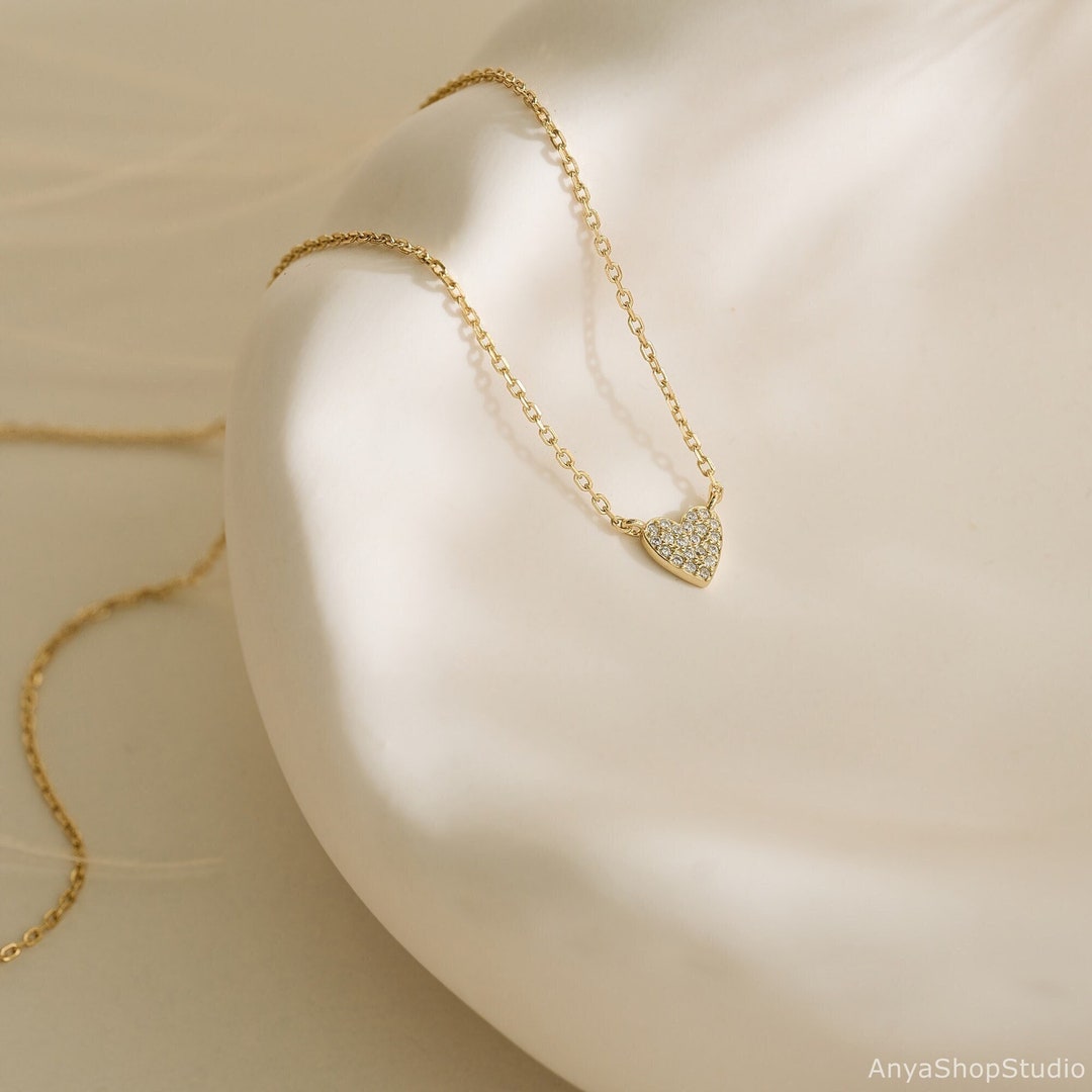 Pave Heart Necklace in Sterling Silver, Minimalist Heart Diamond ...