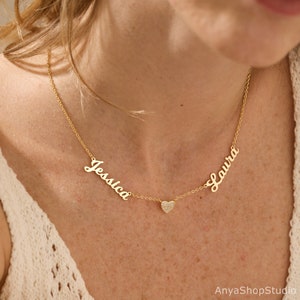 Collier 2 noms avec cœur, collier personnalisé de noms multiples, collier de cœur pavé, collier de mères, cadeau d’anniversaire, cadeau pour femme