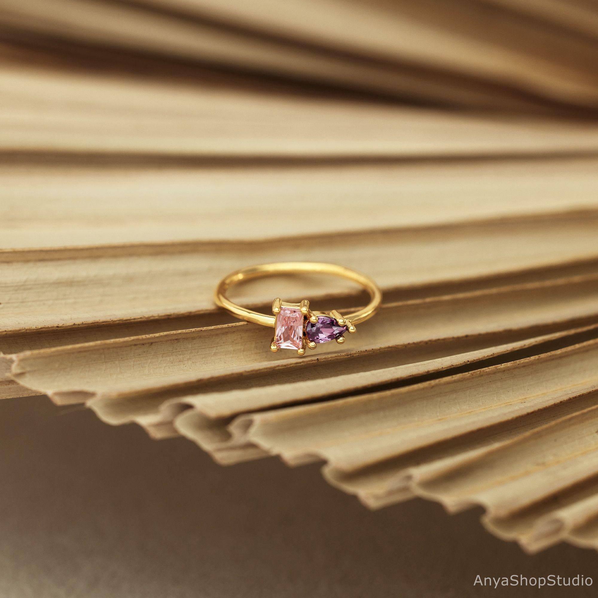 Custom 2 Birthstone Ring, Dainty Birthstone Jewelry, Personalized ...